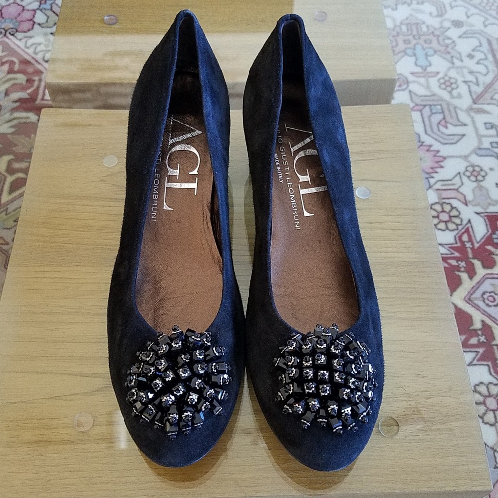 AGL embellished beaded block heel suede pumps 37.5